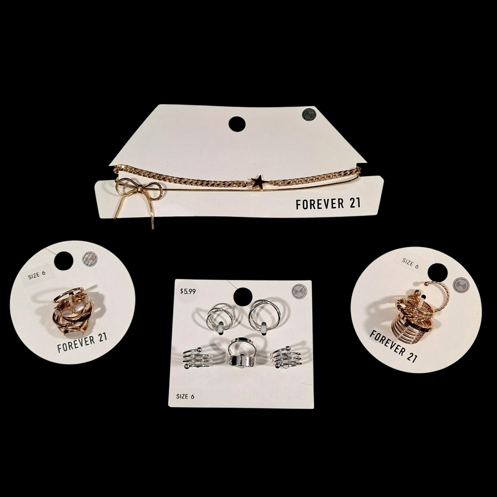 Forever 21 Gold & Silver Tone Jewelry Lot Necklaces Rings Size 6 NEW